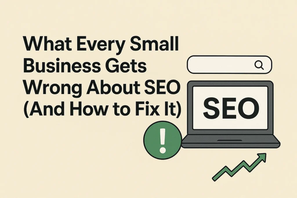 Illustration showing the title 'What Every Small Business Gets Wrong About SEO (And How to Fix It)' with a search bar, laptop, and growth arrow, representing common SEO mistakes and solutions.