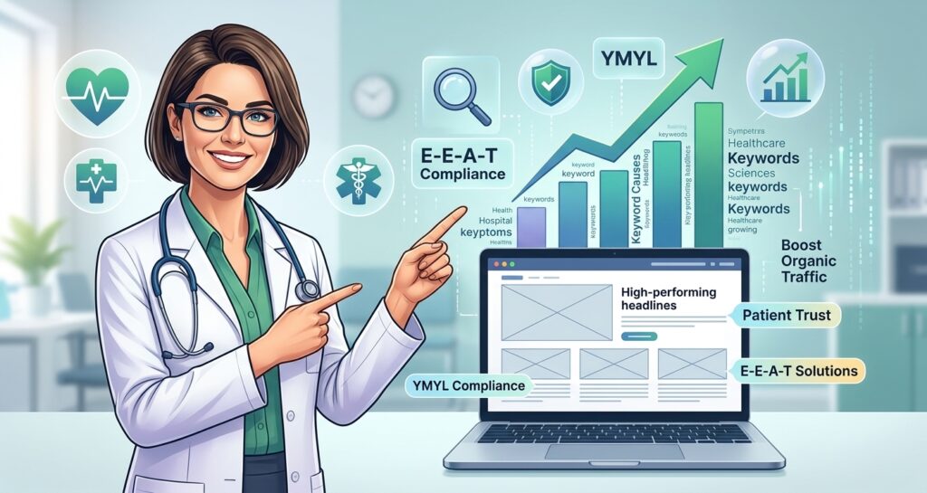 Illustration of a healthcare SEO writer explaining E-E-A-T and YMYL compliance strategies next to an organic search growth chart on a laptop.