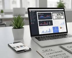 SEO content writer workspace with laptop showing analytics graphs and notebook