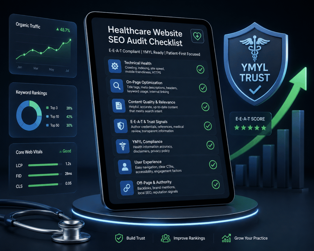 Glowing 3D tablet displaying a healthcare website SEO audit checklist, surrounded by analytics charts, a YMYL trust shield, and an upward green growth arrow.