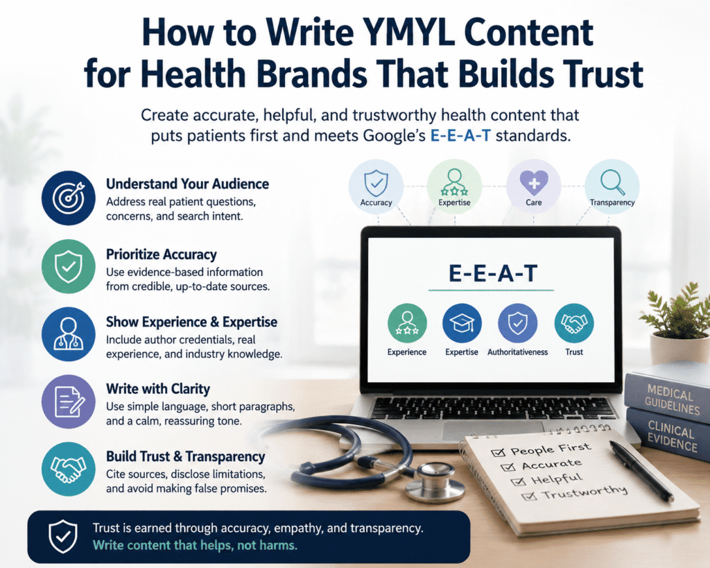 Infographic showing how to write YMYL content for health brands using Google's E-E-A-T principles to build trust