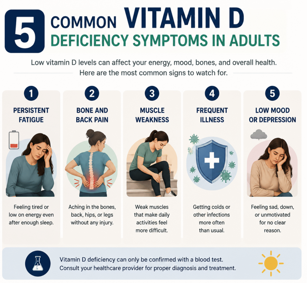 Infographic showing 5 vitamin D deficiency symptoms in adults