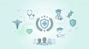 Minimalist vector illustration featuring medical authority symbols, a trust shield, and a stethoscope for YMYL health content.
