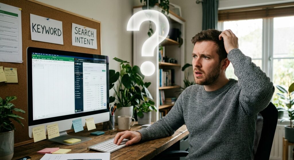 Marketer sitting at desk scratching head in confusion while choosing between different keywords versus the actual search intent, with a large glowing question mark sign floating above him.