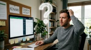 Marketer sitting at desk scratching head in confusion while choosing between different keywords versus the actual search intent, with a large glowing question mark sign floating above him.