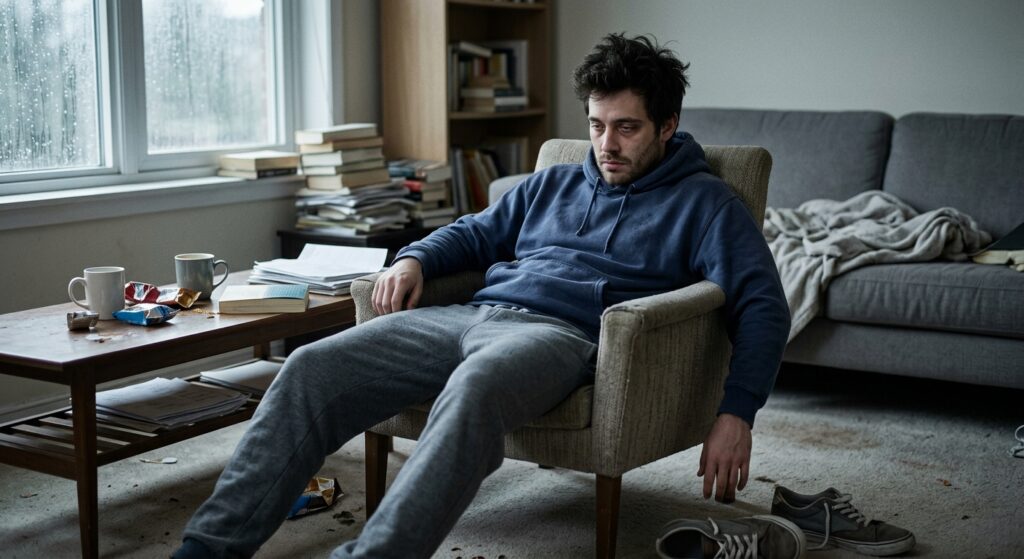 Exhausted person with low energy sitting slouched in a chair at home, feeling unmotivated and burned out.