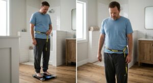 Man standing on a bathroom scale with a loose measuring tape around his waist, illustrating unintentional weight loss.