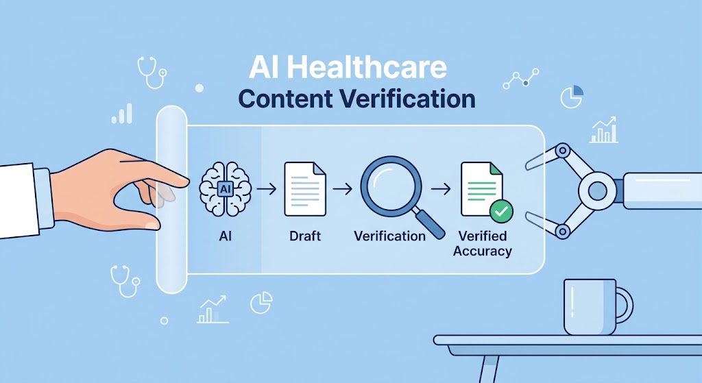Visual workflow showing human editorial review and verification for AI-generated healthcare content.