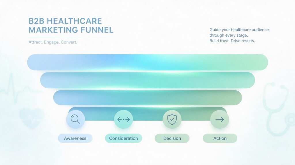 Illustration of a four-stage healthcare marketing funnel for B2B health brands, showing horizontal bands labeled Awareness, Consideration, Decision, and Action with simple icons (magnifying glass, comparison arrows, shield with checkmark, forward arrow) in soft blue and green tones